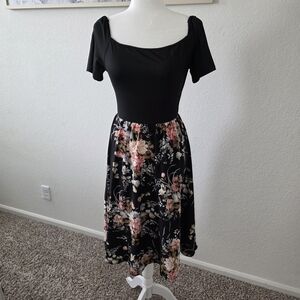 SHEIN Black Floral Square-Neck Dress with Pink & Cream Blooms